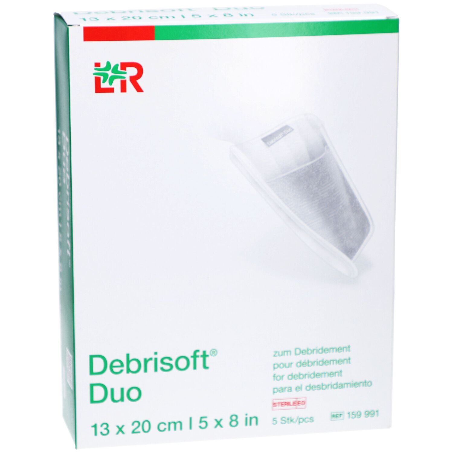 Emballage Debrisoft Duo 13x20 cm. Contient 5 pièces. Emballage stérile avec image du produit.