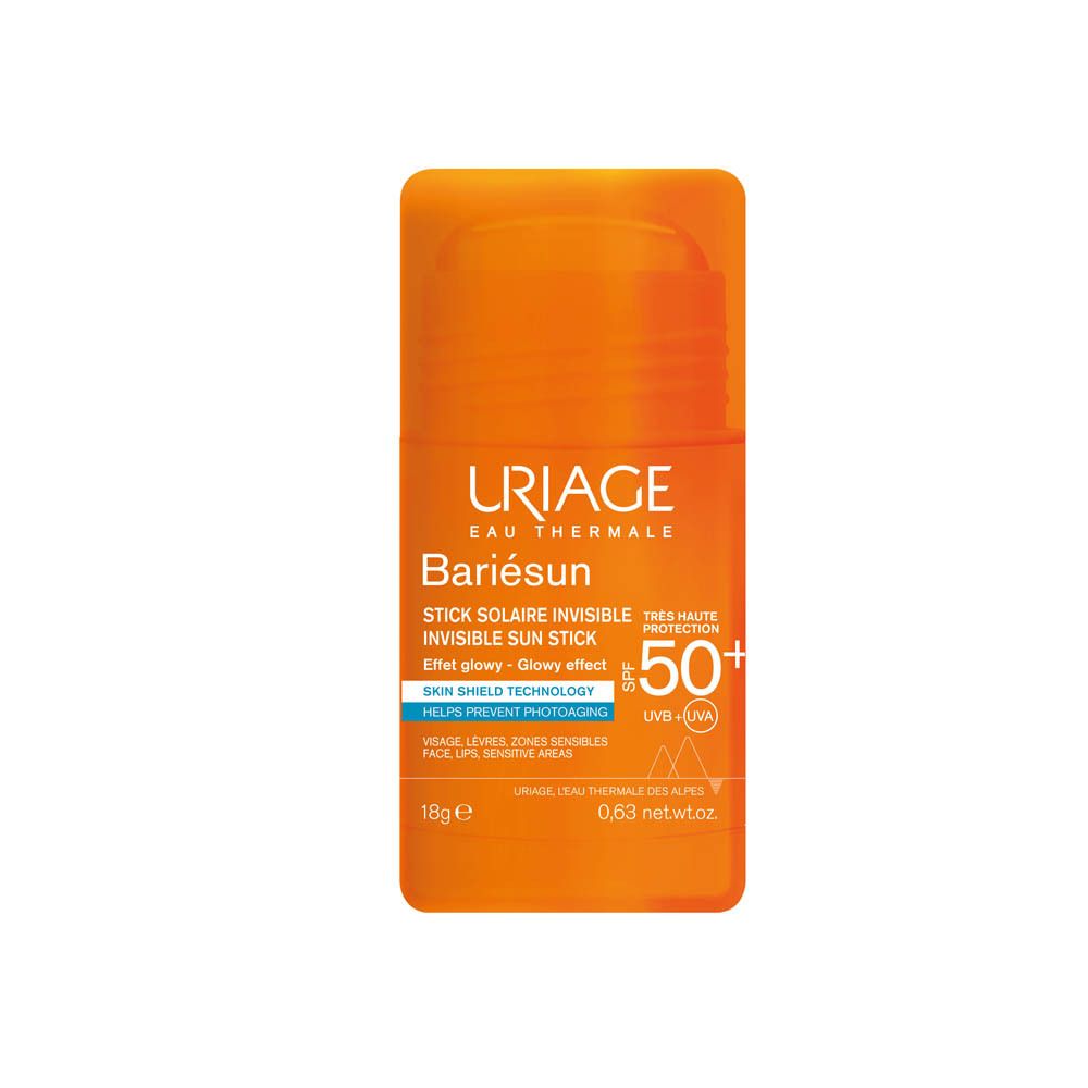 Stick solaire Uriage Bariésun SPF50+ sur fond blanc. Informations produit et marque.