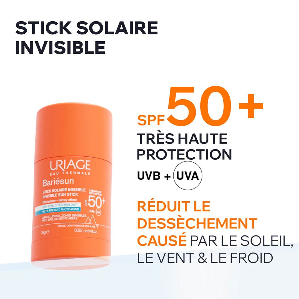 Stick solaire Uriage Bariésun SPF50+ avec texte: SPF 50+, très haute protection, UVB + UVA.