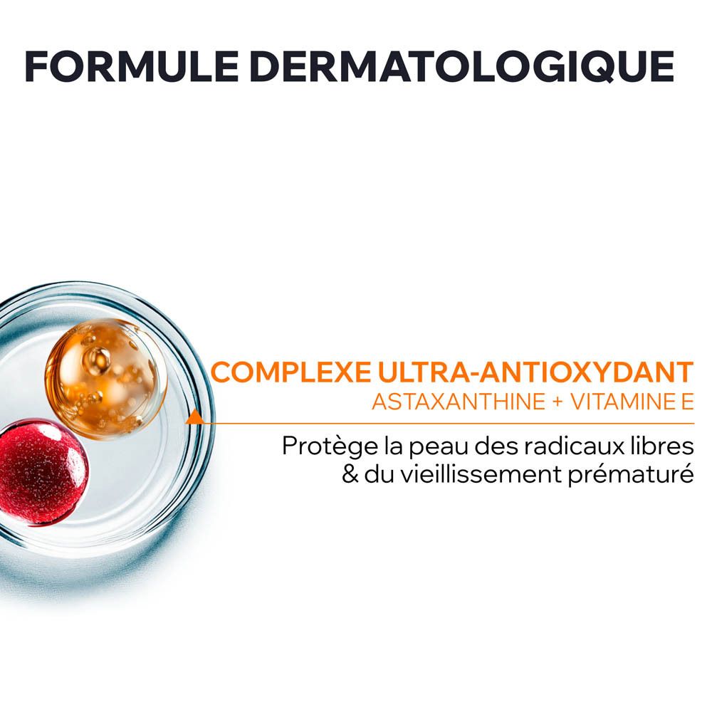 Gros plan sur les ingrédients. Texte: Complexe ultra-antioxydant, Astaxanthine + Vitamine E.