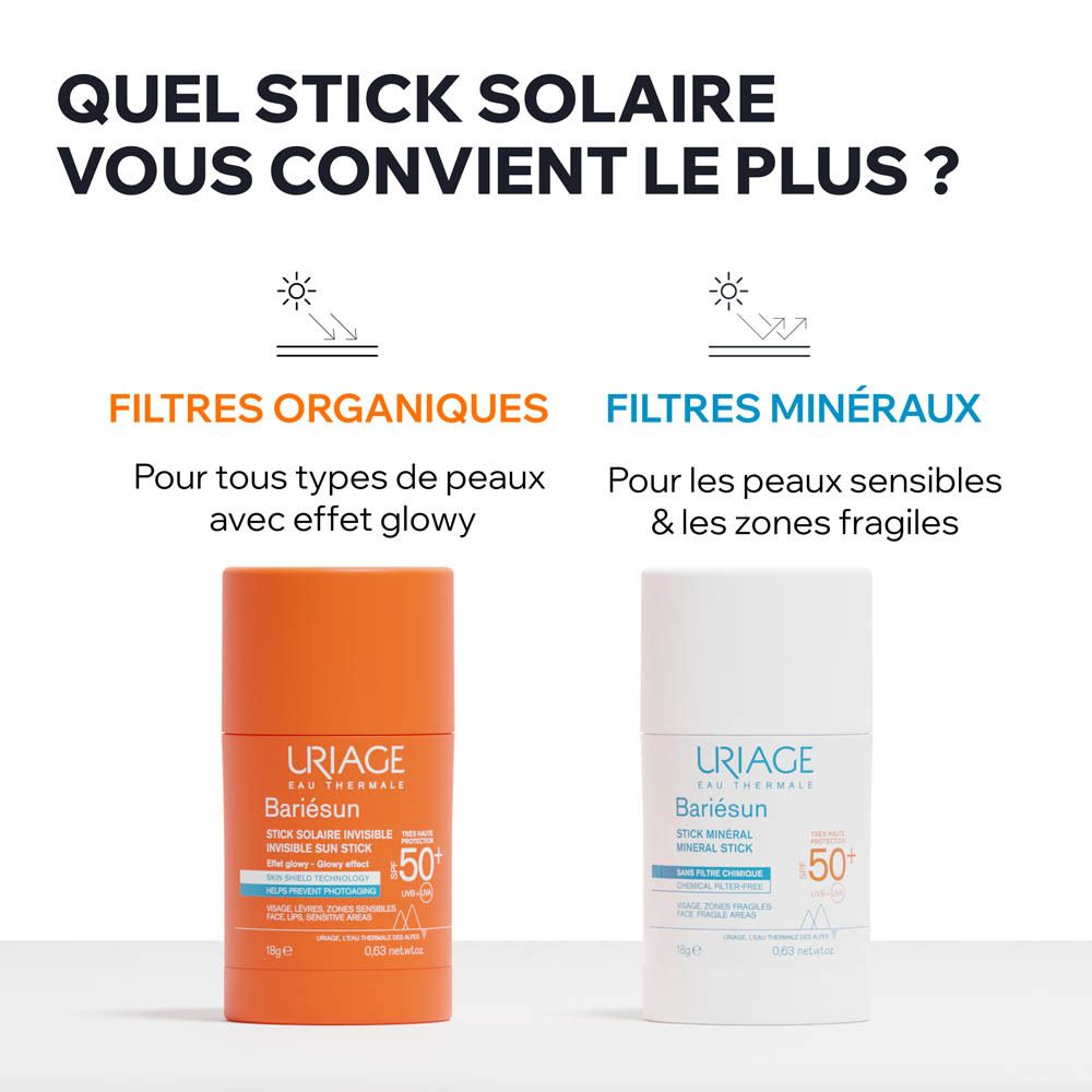 Comparaison de deux sticks Uriage Bariésun. Filtres organiques et minéraux.