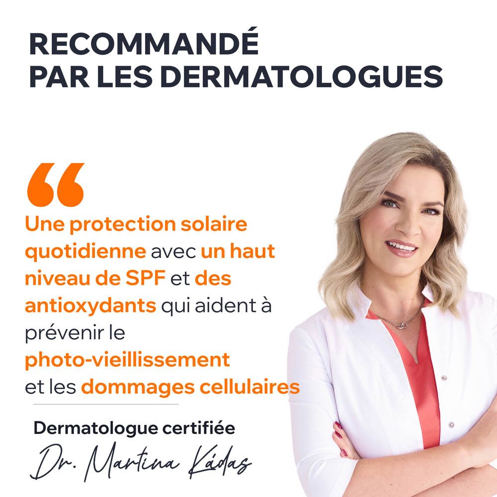 Femme en blouse blanche. Texte: Recommandé par les dermatologues. Citation sur la protection solaire.