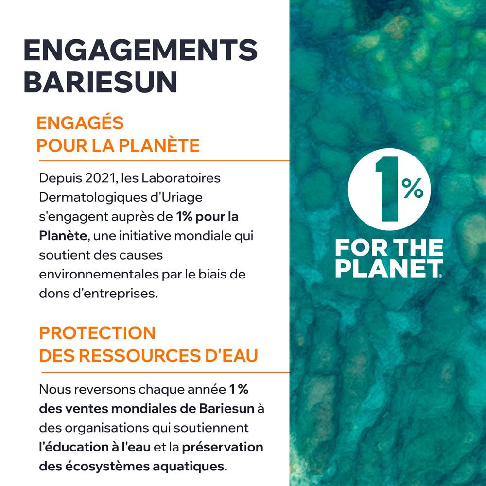 Graphique avec texte. Texte: Engagements Bariésun, 1% pour l'environnement, protection des ressources en eau.