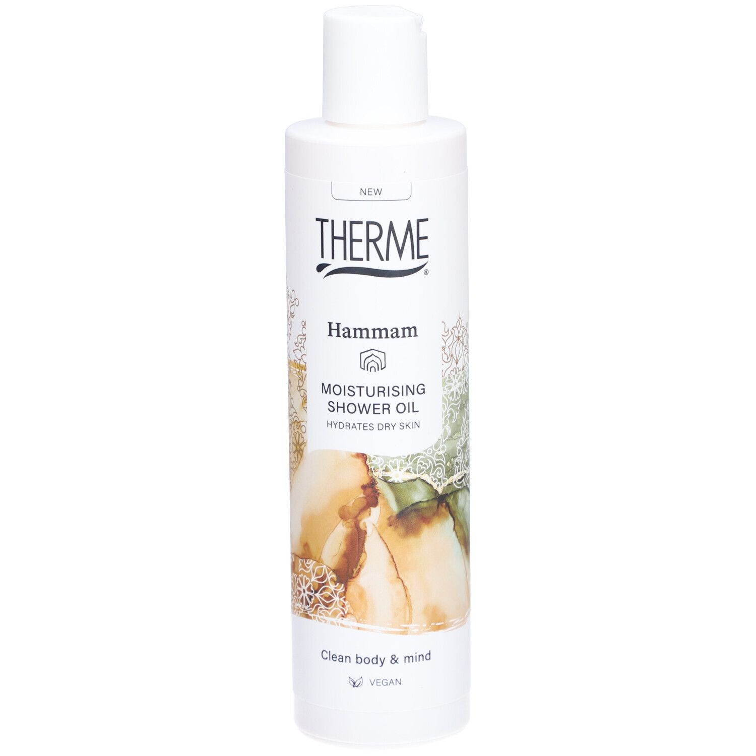 Flacon blanc de Therme Hammam. Inscription: Moisturising Shower Oil. Logo végan.