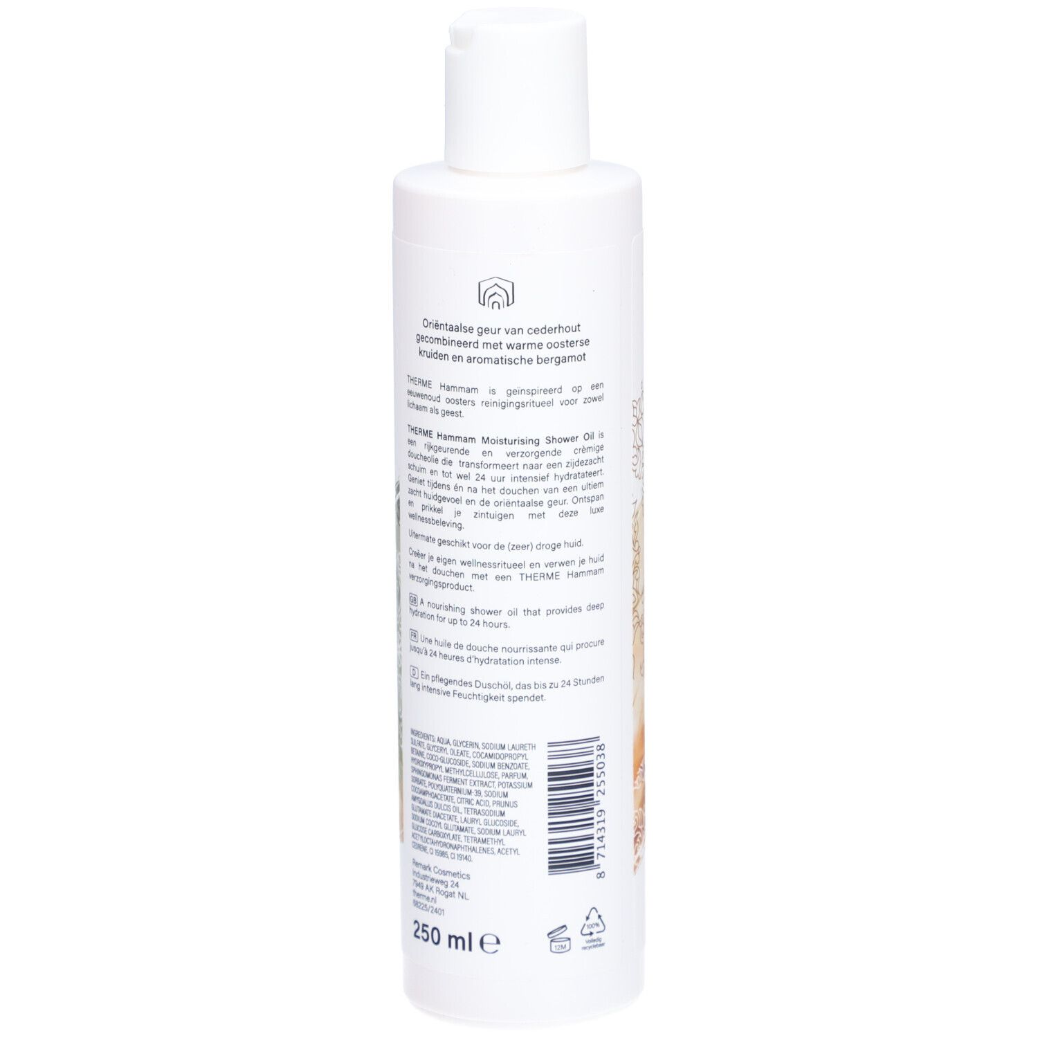 Dos du flacon blanc. Texte multilingue. 250 ml. Symbole de recyclage.