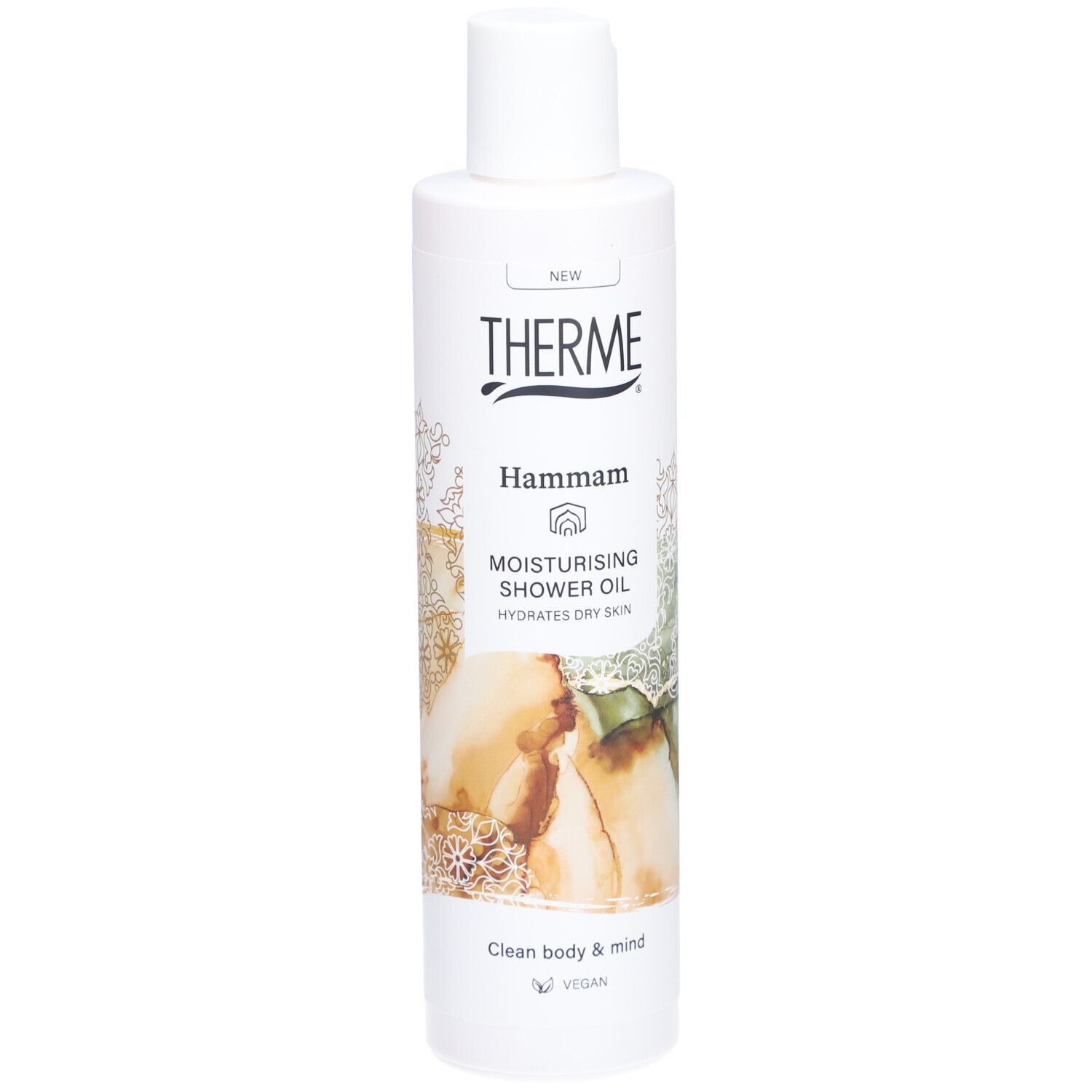 Flacon blanc Therme Hammam. Inscription: Moisturising Shower Oil. Logo végan.