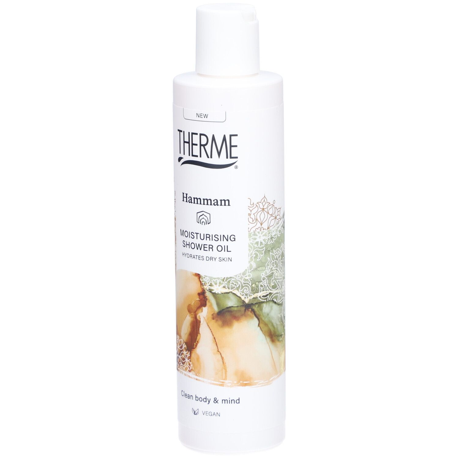 Flacon blanc Therme Hammam. Inscription: Moisturising Shower Oil. Logo végan.