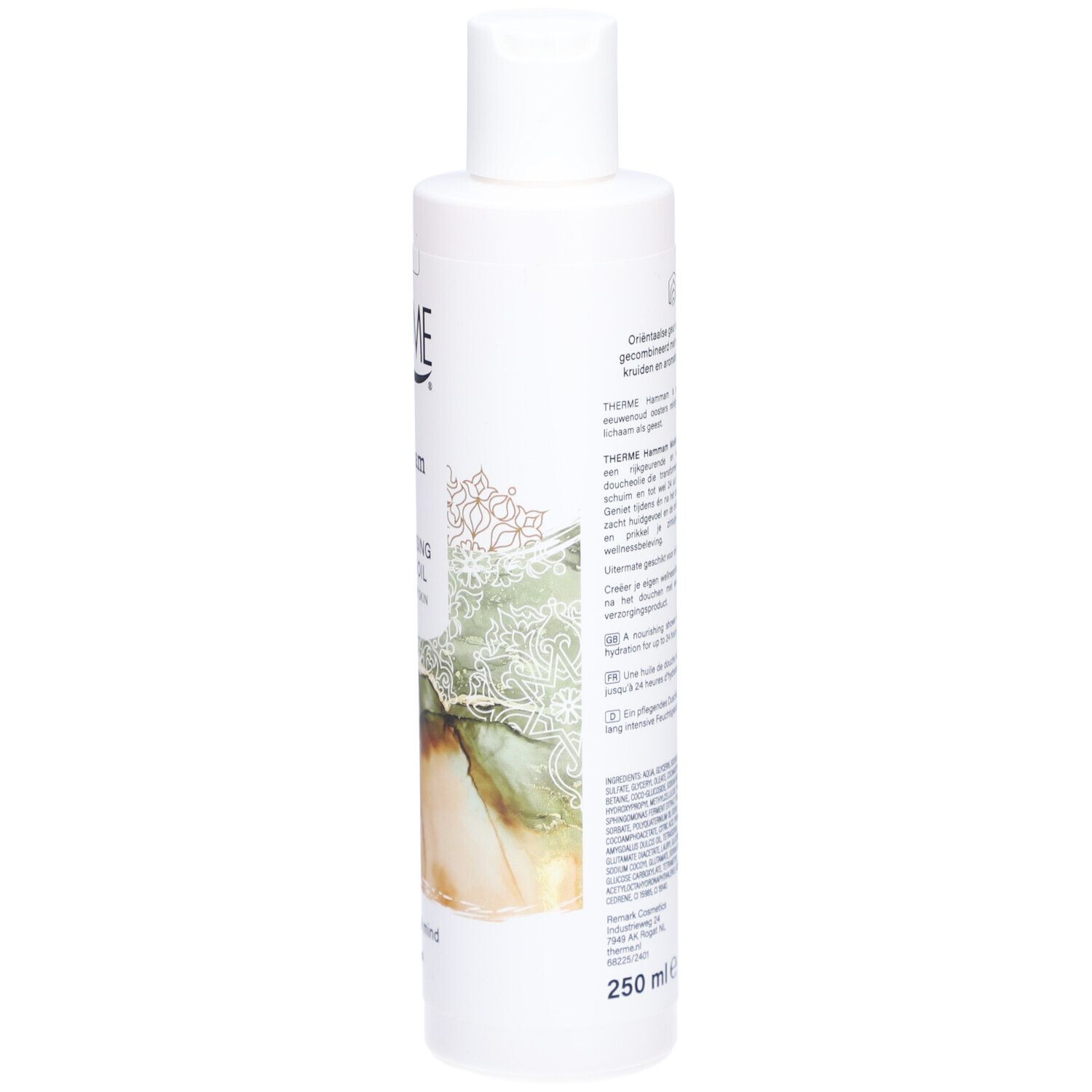 Flacon blanc, vue latérale. Therme Hammam. Texte et design. 250 ml.