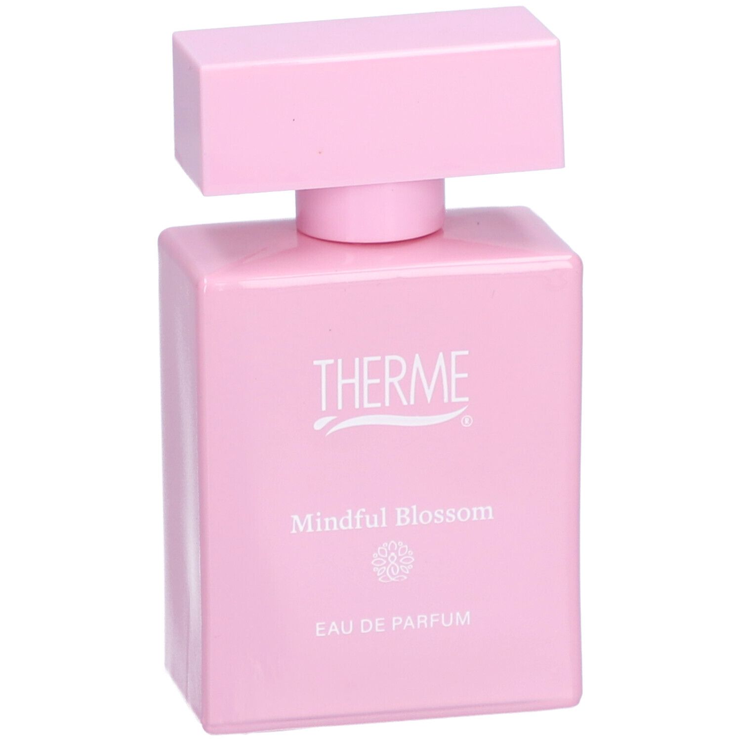 Flacon rose carré avec bouchon rectangulaire. Inscription: Therme Mindful Blossom Eau de Parfum.