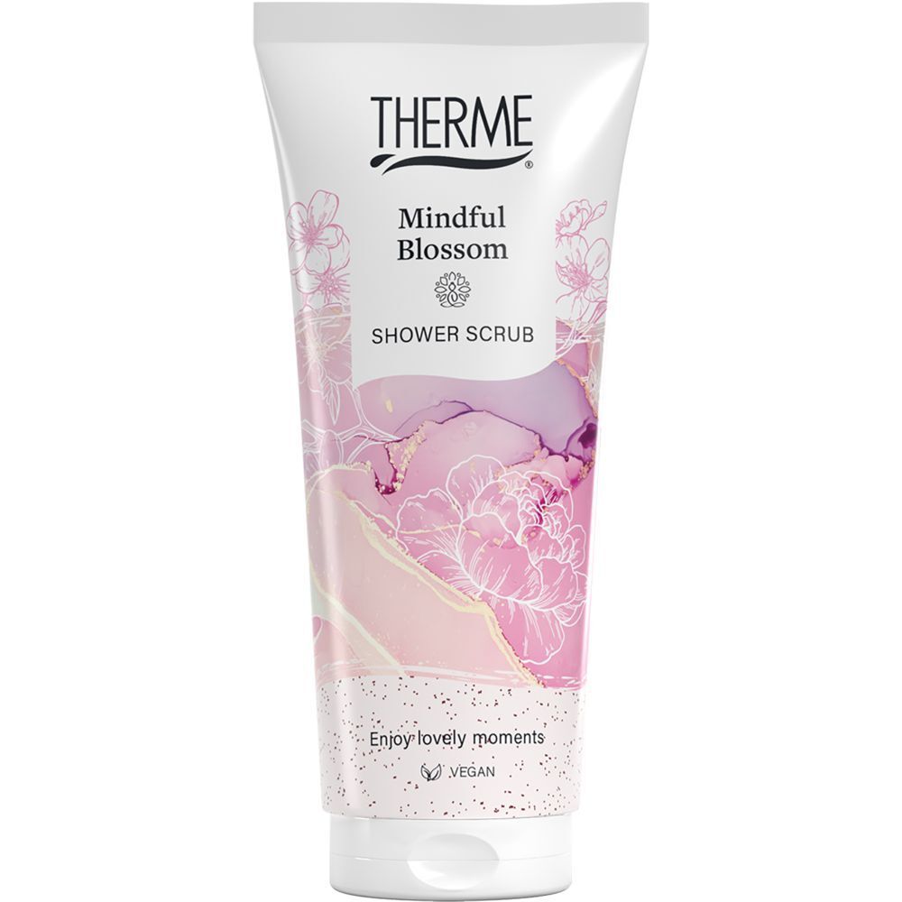 Tube blanche Therme Mindful Blossom Shower Scrub. Graphique rose et blanc. Logo végan. "Enjoy lovely moments".