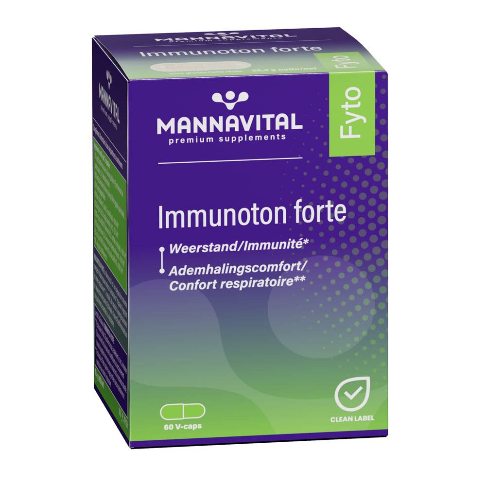 Boîte Mannavital Immunoton forte. Violet, vert et blanc. 60 gélules V. Nom du produit et logo. Texte: Weerstand/Immuniteit.