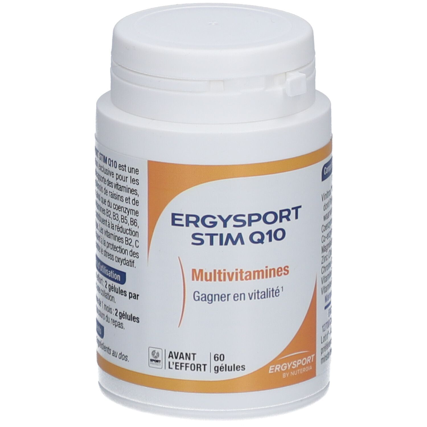 Pot blanc Ergysport Stim Q10 Multivitamines. Façade avec nom du produit et nombre de capsules (60).