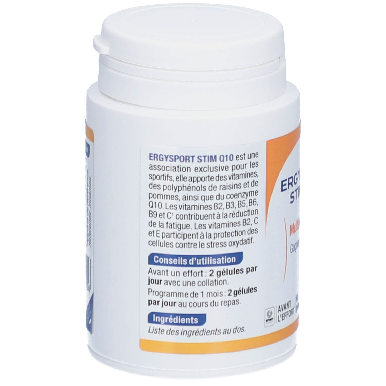 Pot blanc de capsules multivitaminées Ergysport Stim Q10. Dos avec instructions d'utilisation et ingrédients.