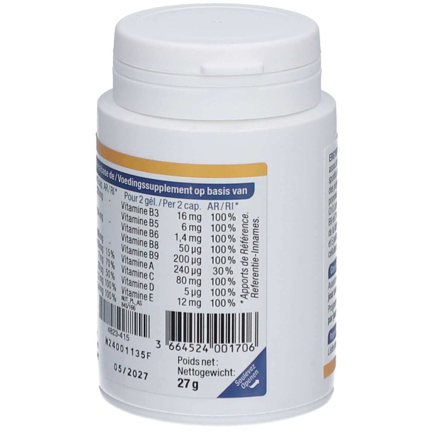 Pot blanc Ergysport Stim Q10. Dos avec informations nutritionnelles, vitamines et minéraux par capsule.