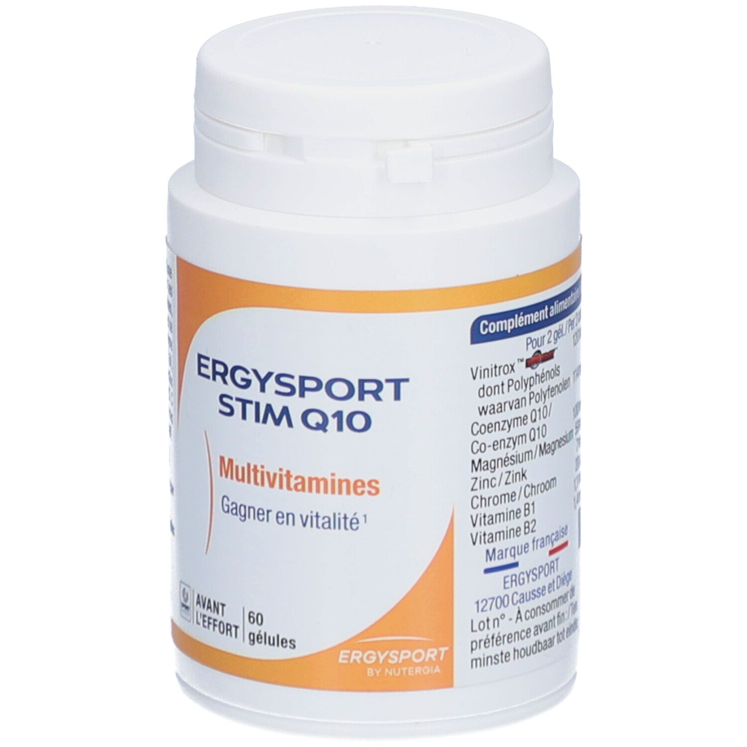 Pot blanc Ergysport Stim Q10 Multivitamines. Côté avec ingrédients tels que Vinitrox, Coenzyme Q10 et vitamines.