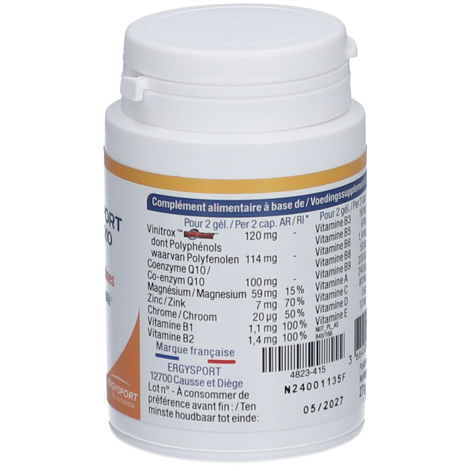 Pot blanc Ergysport Stim Q10. Dos avec ingrédients, adresse du fabricant et date de péremption.