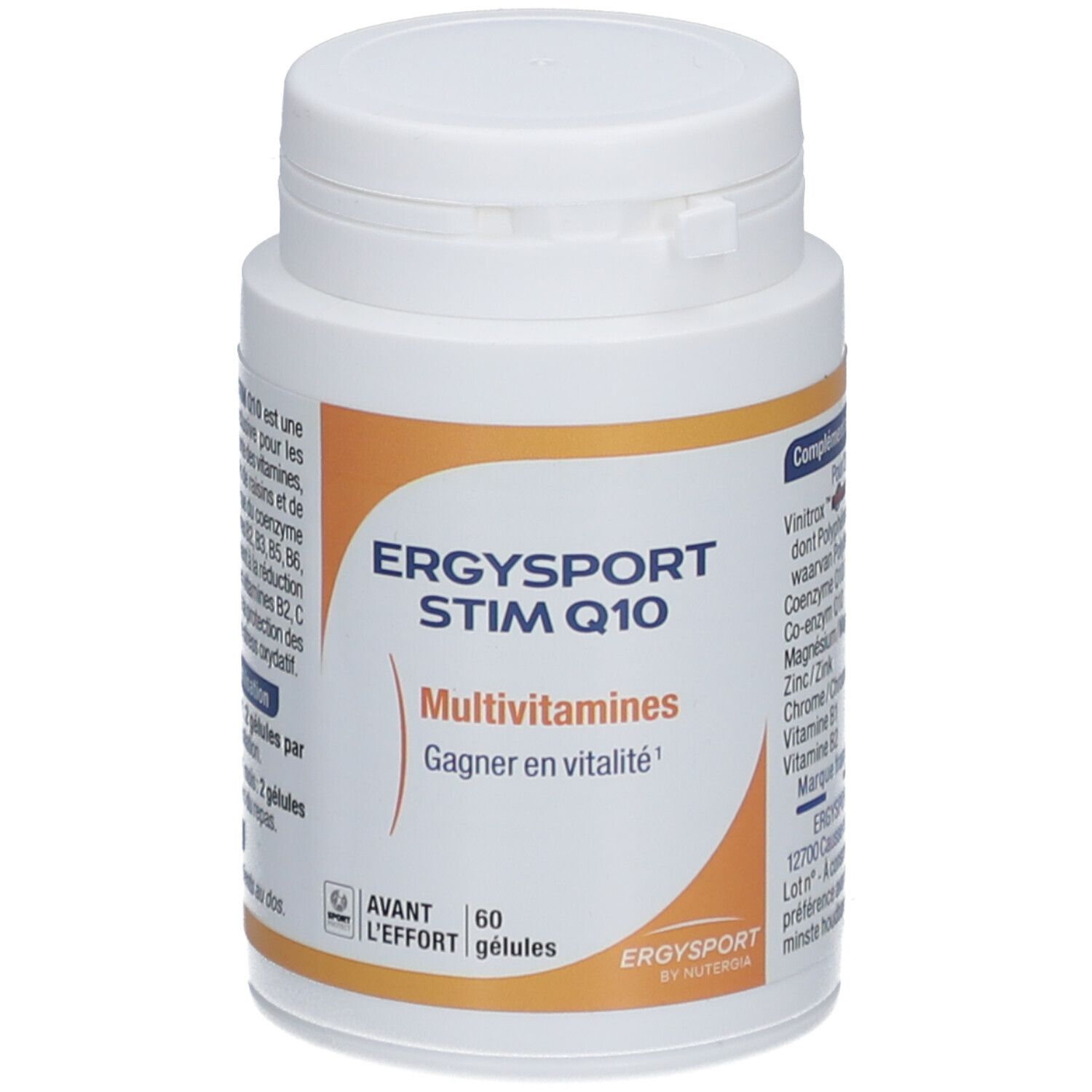 Pot blanc Ergysport Stim Q10. Dos avec ingrédients, adresse du fabricant et date de péremption.