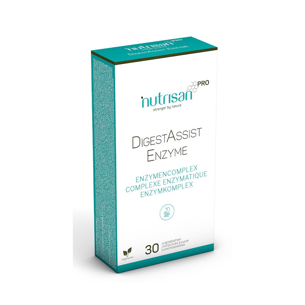 Boîte blanche et turquoise avec nom et logo du produit. Contient 30 comprimés. Inscription: DigestAssist Enzyme, complexe enzymatique.