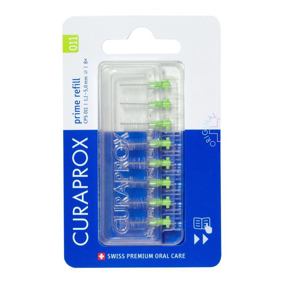 Recharge de brosses interdentaires. Emballage bleu avec fenêtre transparente. Têtes de brosse vertes visibles. Marque Curaprox.