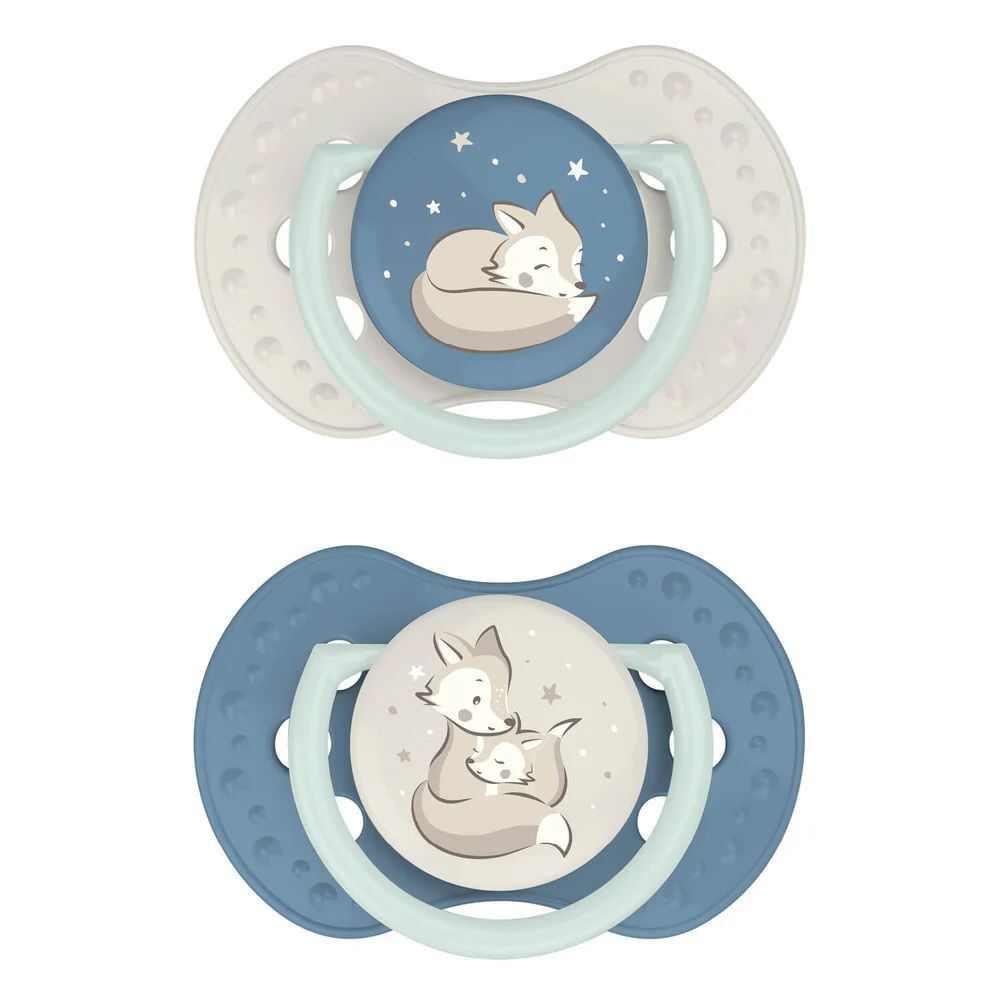Deux sucettes avec motif renard. Bleu et beige. Tétines rondes, boucliers ovales. Étoiles sur les parties rondes.