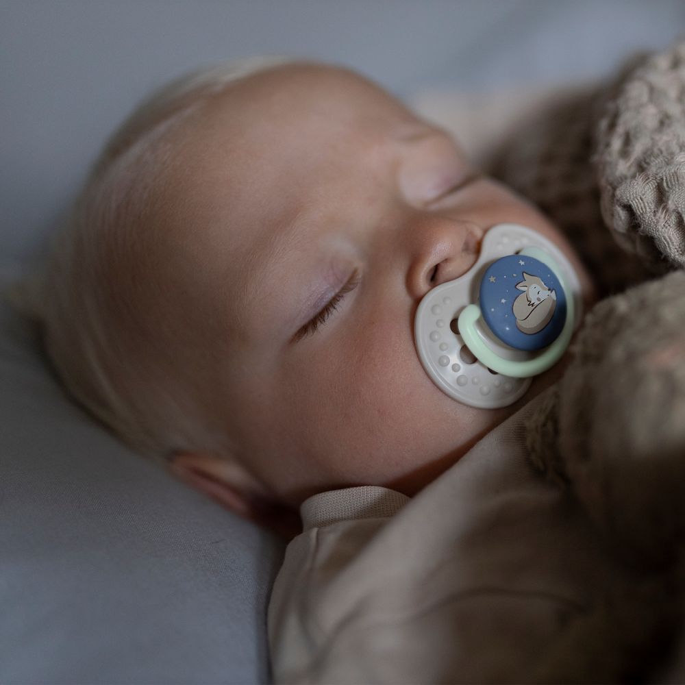 Bébé dort avec une sucette en bouche. Sucette avec motif renard. Chambre claire, bébé sur une couverture.