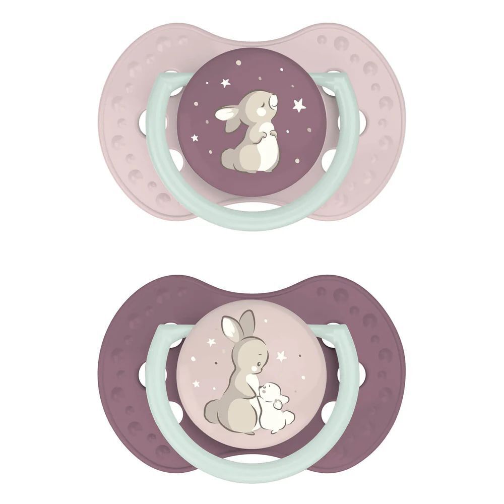 Deux sucettes avec motif lapin. Éléments roses, violets et menthe. Forme ronde avec trous. Pour 0-3 mois.
