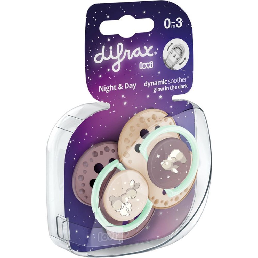 Emballage de trois sucettes. Marque Difrax. Nuit & Jour, 0-3 mois. Emballage transparent. Motif lapin.