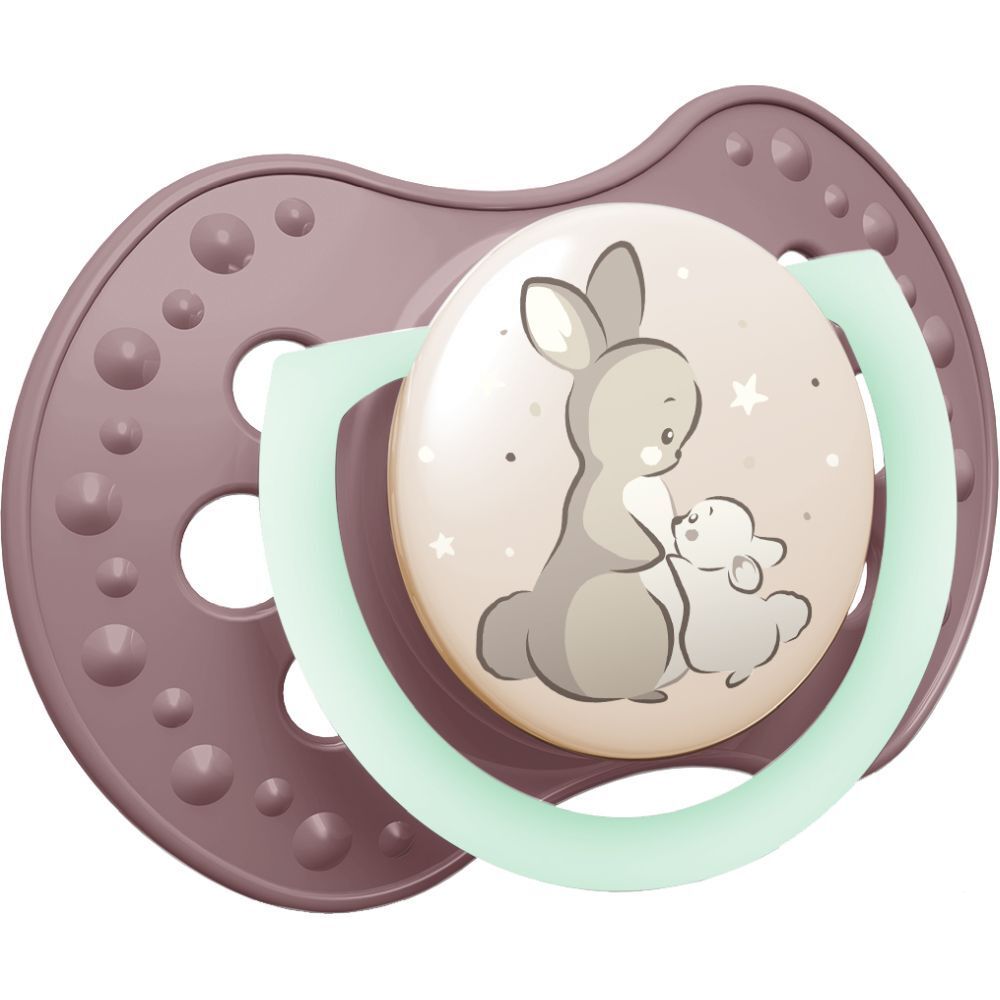 Sucette avec motif lapin. Éléments violets, beiges et menthe. Forme ronde avec trous. Pour 0-3 mois.