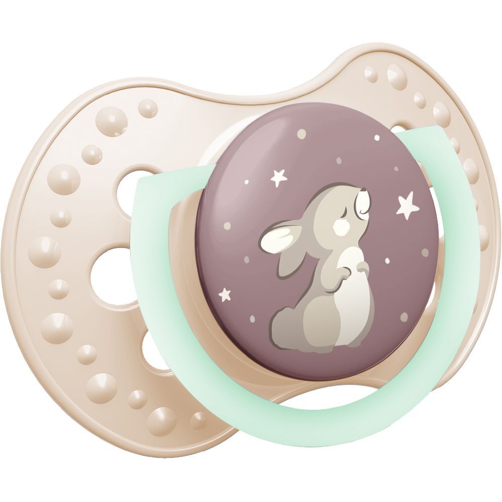 Sucette avec motif lapin. Beige, violet et menthe. Forme ronde avec trous. Pour 3-6 mois.