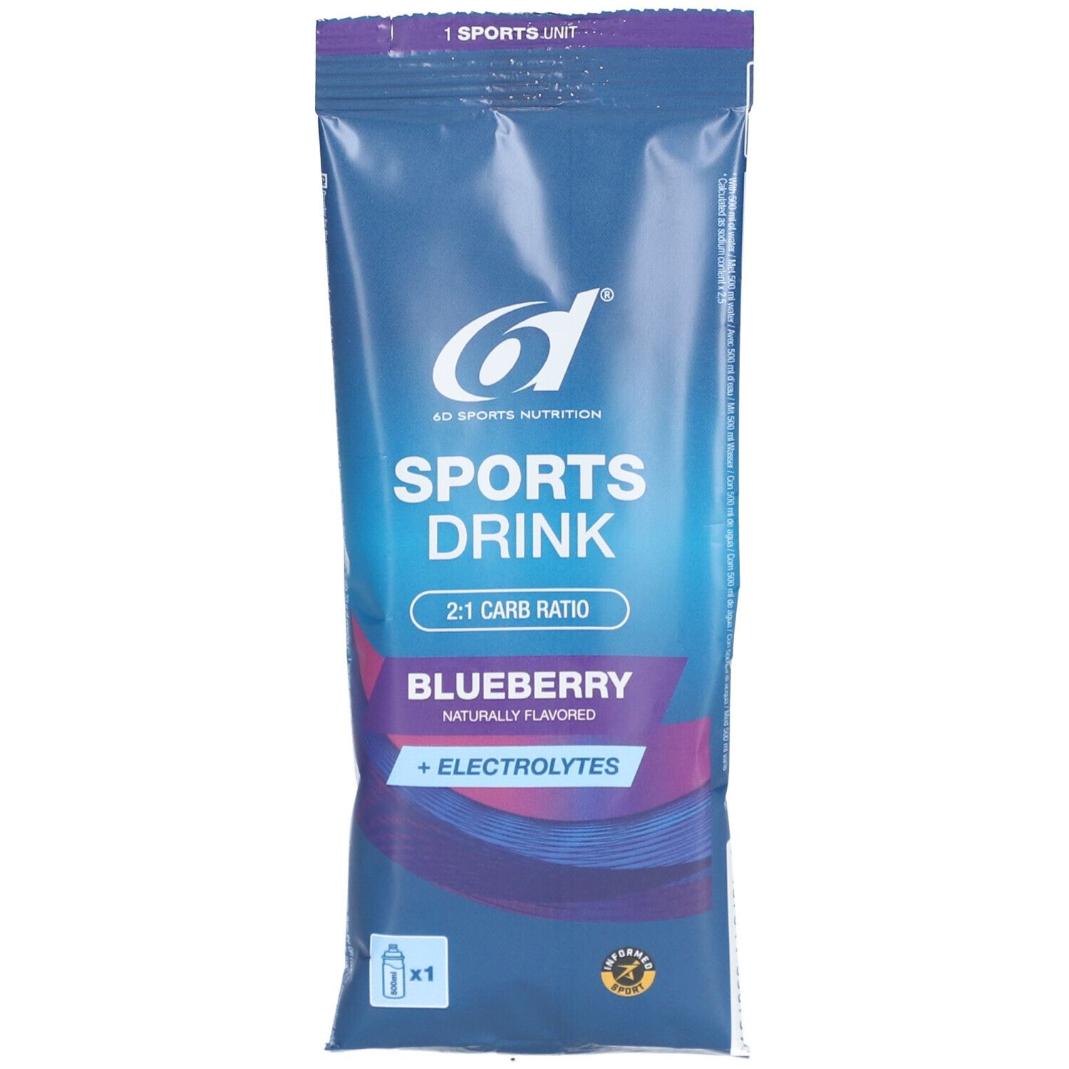 Sachet bleu avec logo blanc et texte "SPORTS DRINK". Contient "BLUEBERRY + ELECTROLYTES". Ratio 2:1 glucides.