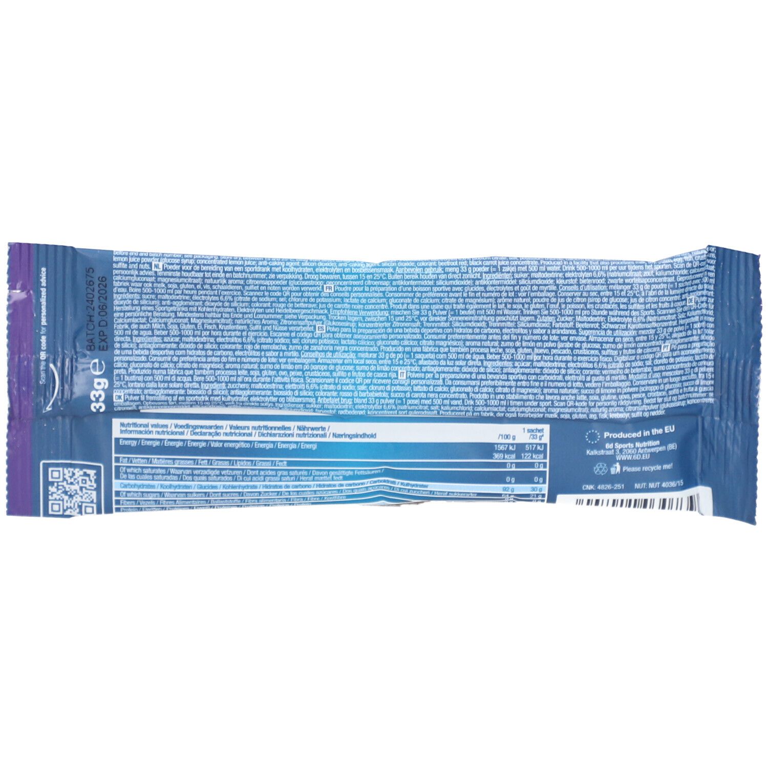 Dos d'un sachet bleu. Contient des informations, un code QR et des informations nutritionnelles. 33g.