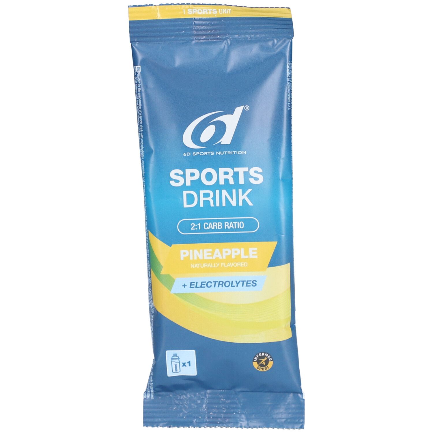 Sachet bleu avec accents jaunes. Inscription: Sports Drink, Ananas, Électrolytes. Logo: 6D Sports Nutrition. Ratio 2:1 glucides.