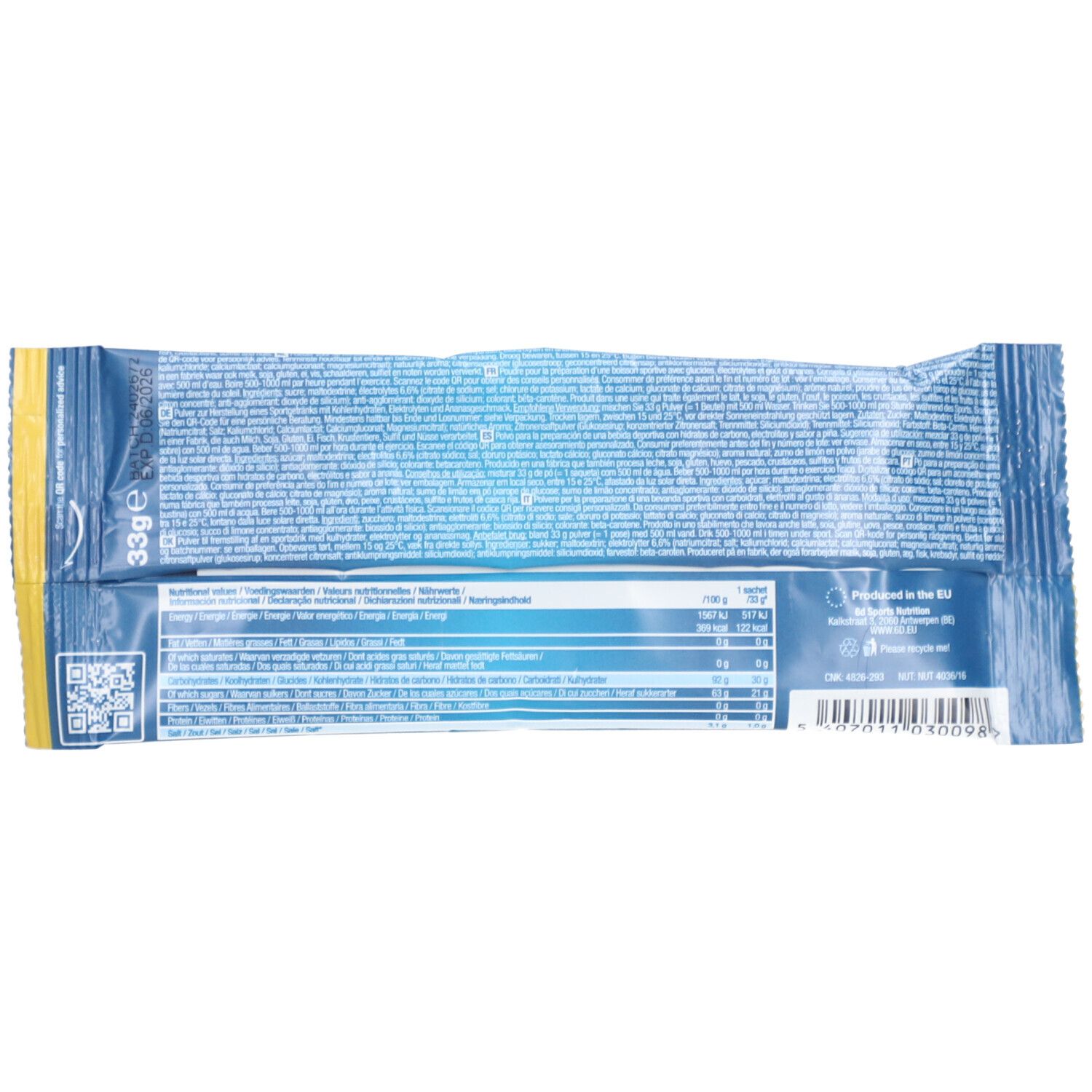 Dos d'un sachet bleu. Contient des informations nutritionnelles, ingrédients et fabricant. Code QR et code-barres visibles.
