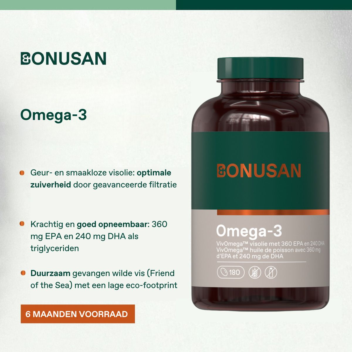 Flacon brun avec oméga-3. Étiquettes vertes et grises. Texte: BONUSAN, Omega-3, 180 capsules.