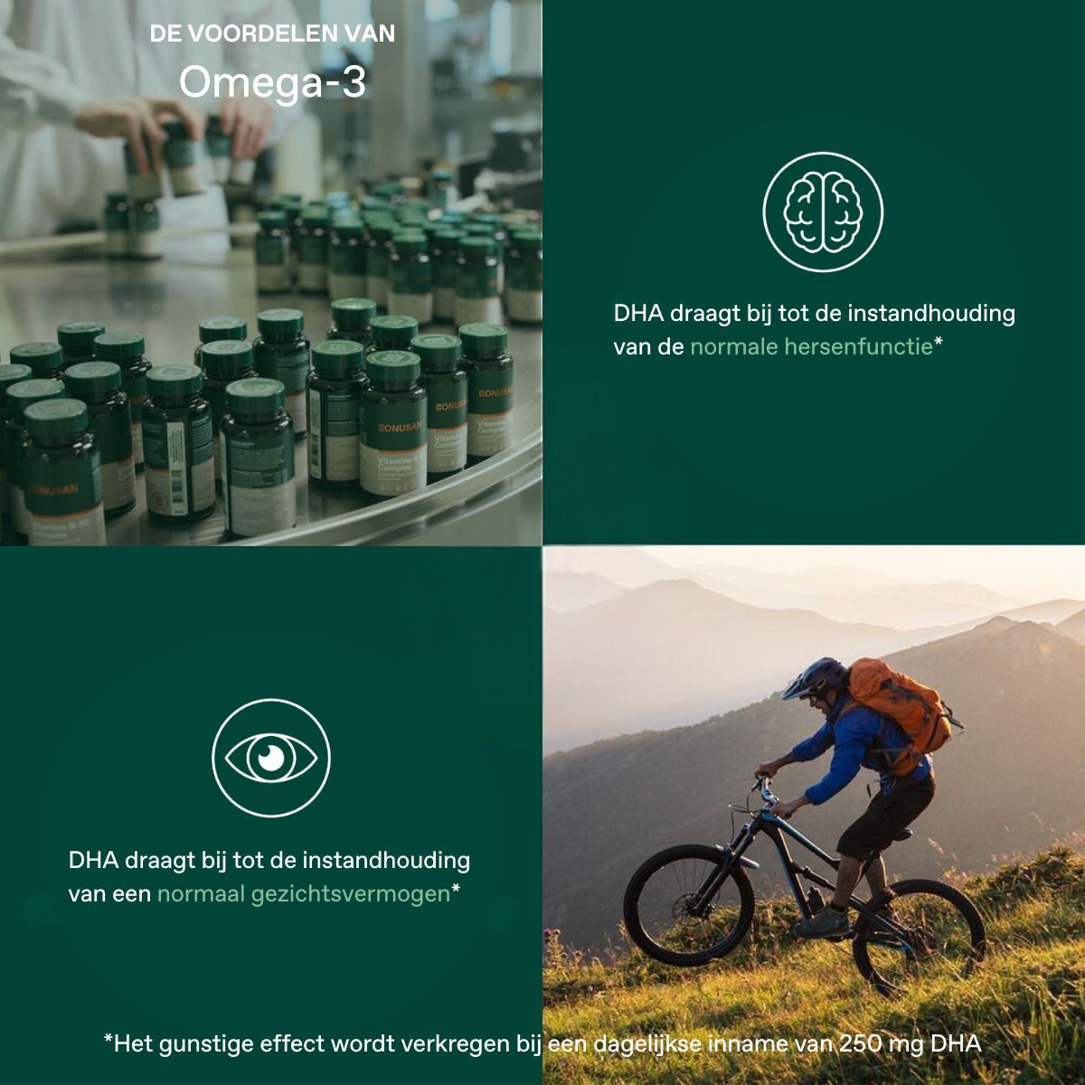 Quatre images avec des informations sur les oméga-3. Cerveau, œil, cycliste. Texte sur DHA et fonction.