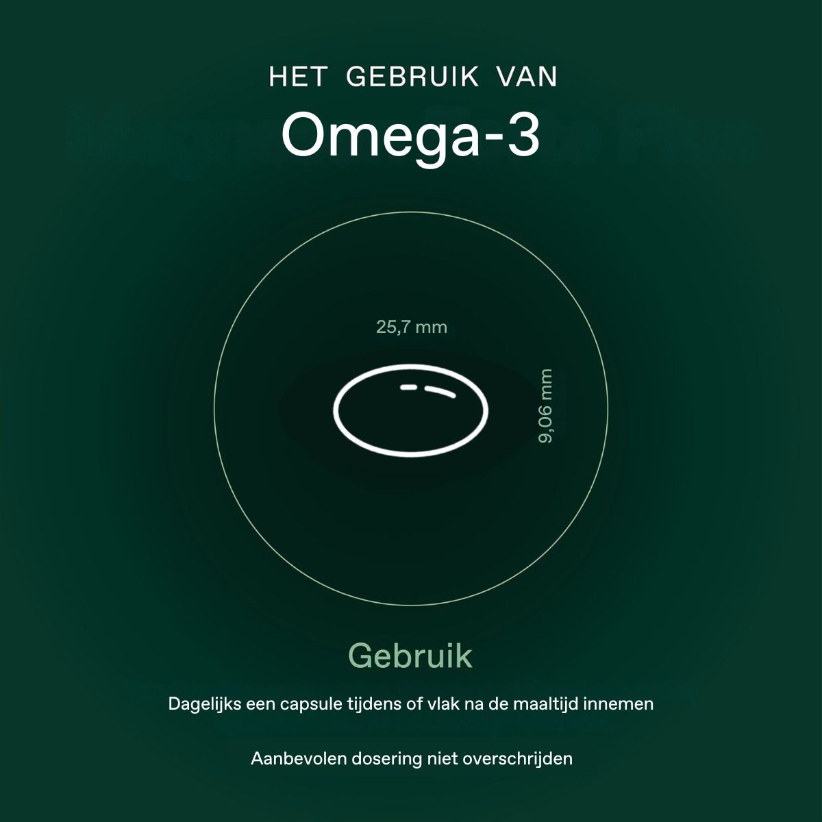 Représentation circulaire de la taille de la capsule. Dimensions : 25,7 mm x 9,06 mm. Texte : Utilisation.