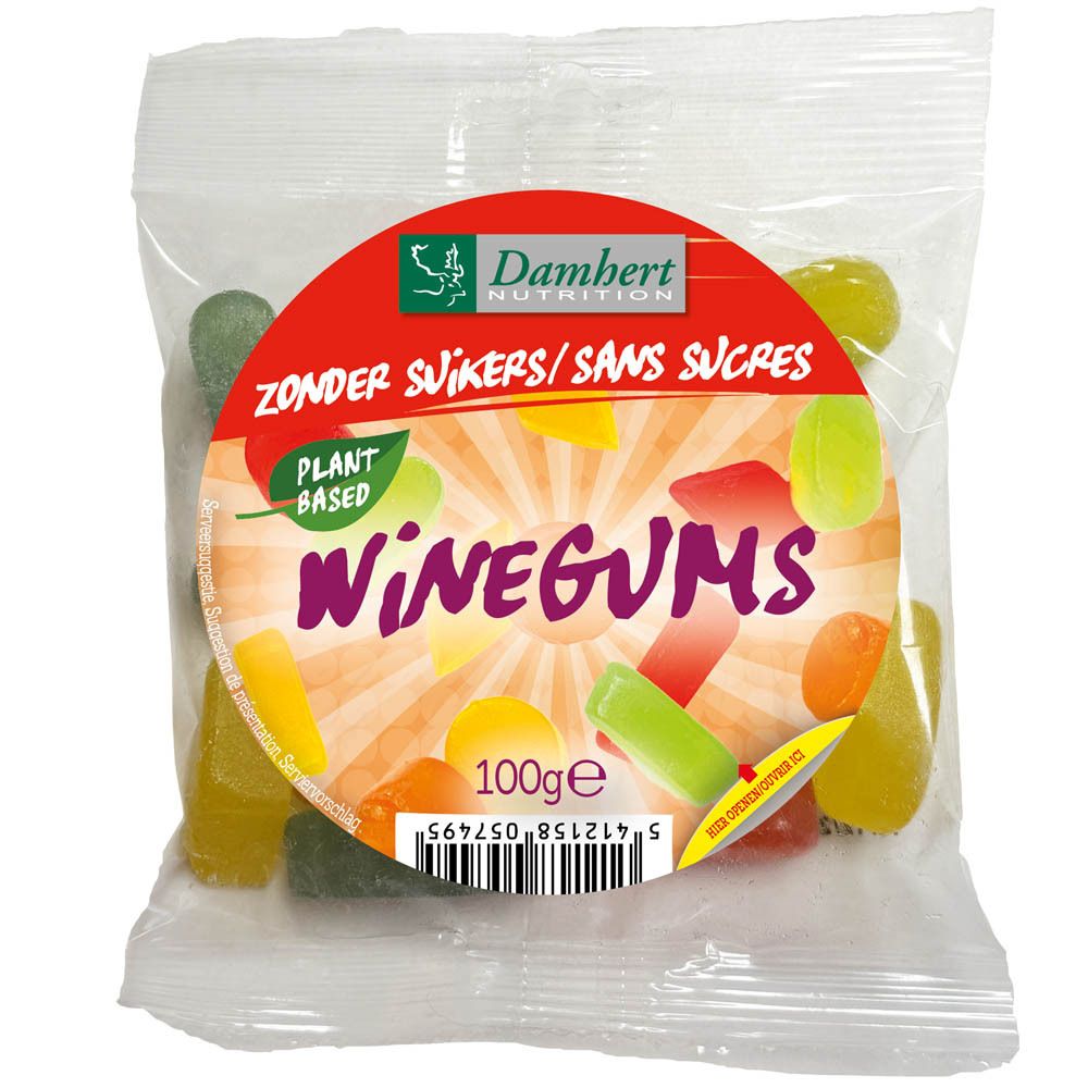 Sachet de Winegums. Étiquette rouge avec "Zonder Suikers/Sans Sucres" et "Winegums". 100g. Label "Plant Based".