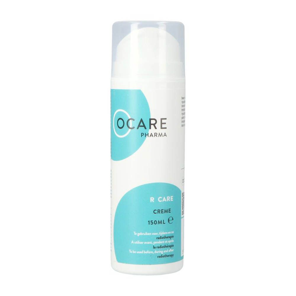 Flacon blanc avec étiquette bleue. Ocare Pharma, R Care Crème, 150ml. Bouchon. Texte pour radiothérapie.