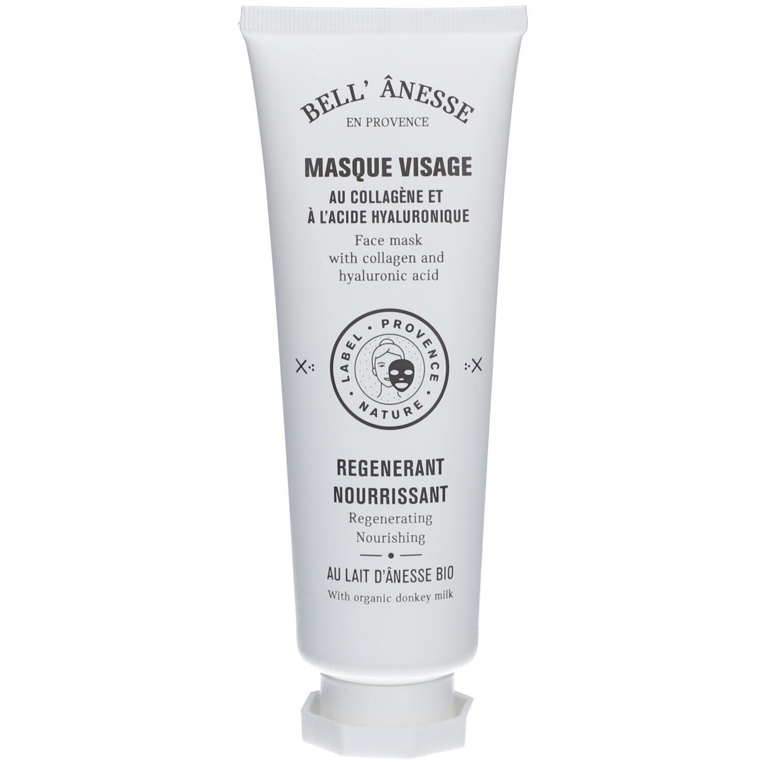 Tube blanc avec nom et description du produit. Texte: Masque Visage, avec collagène et acide hyaluronique. Label Nature.