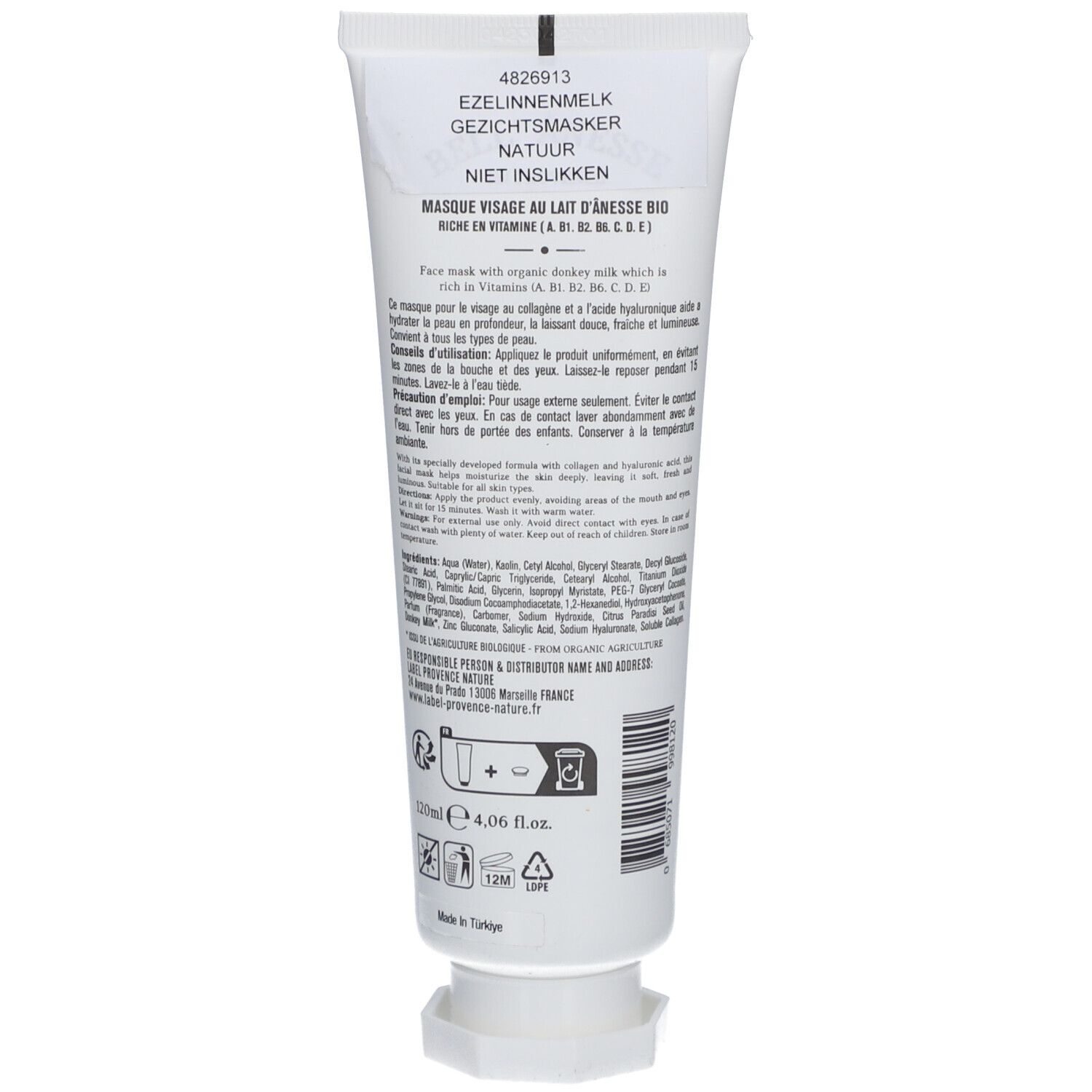 Dos du tube blanc. Texte: Masque Visage au lait d'ânesse bio. Ingrédients et instructions d'utilisation.