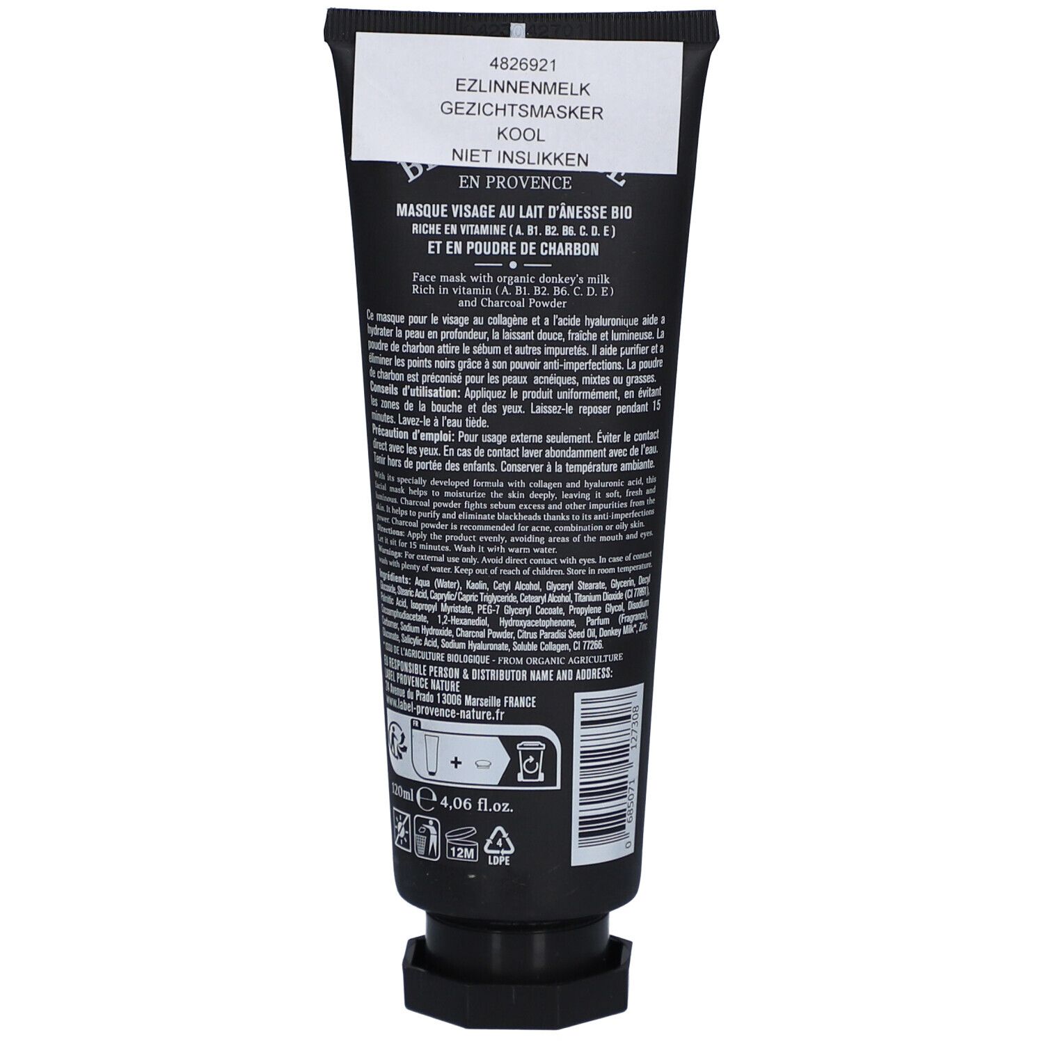 Dos du tube noir avec texte. Contient des informations et un code-barres.