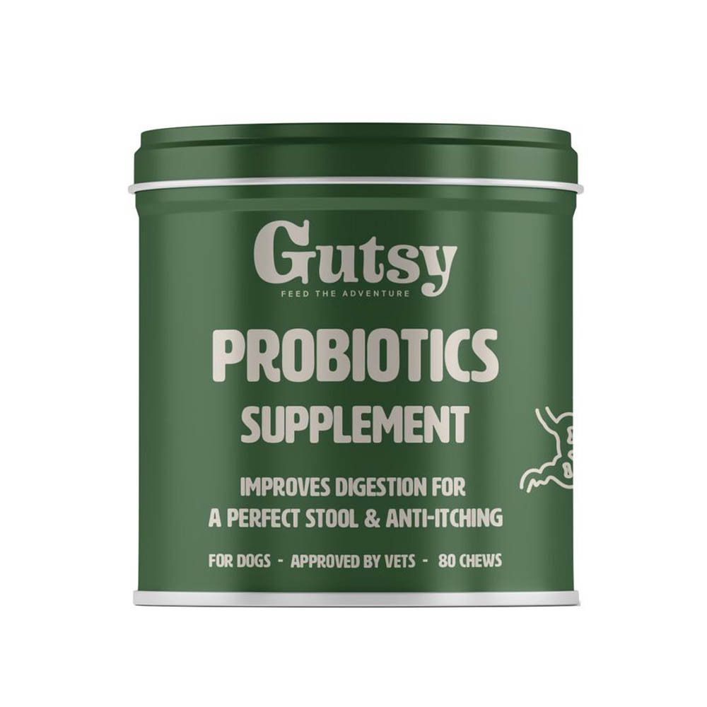 Boîte verte "Gutsy Probiotics Supplement". Contient 80 friandises à mâcher. Améliore la digestion des chiens.