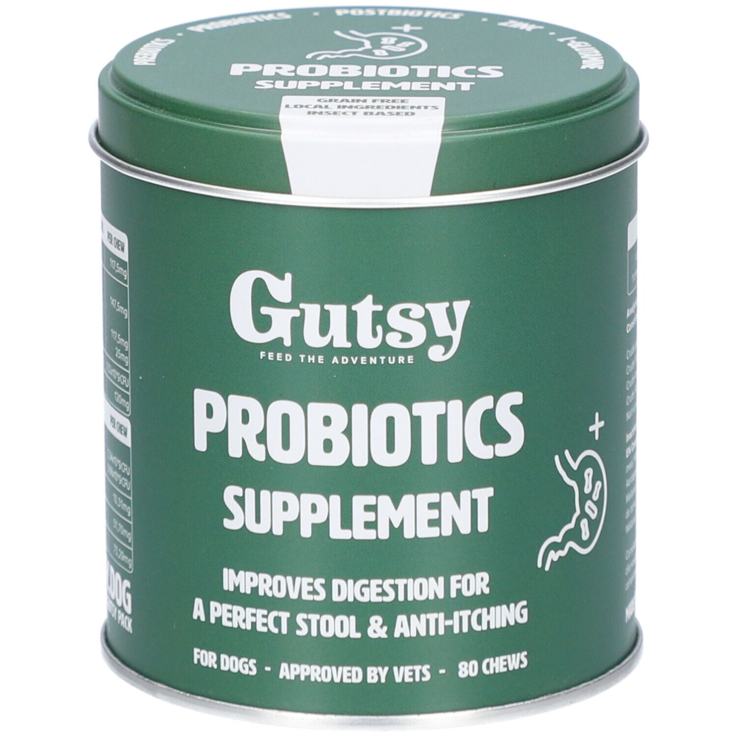 Boîte verte "Gutsy Probiotics Supplement". Contient 80 friandises à mâcher. Améliore la digestion des chiens.