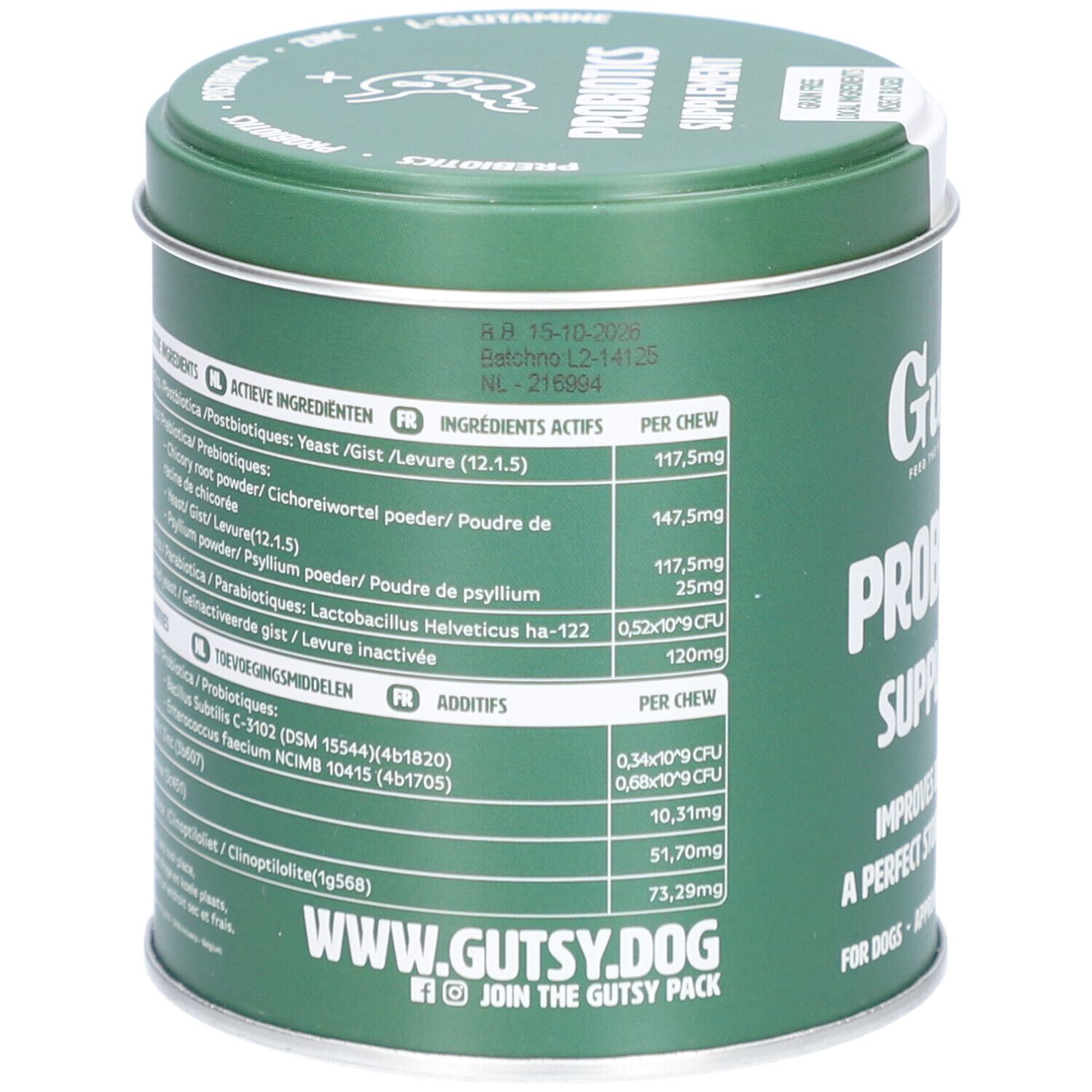 Boîte verte avec ingrédients. Contient ingrédients actifs et additifs. Site web: www.gutsy.dog.