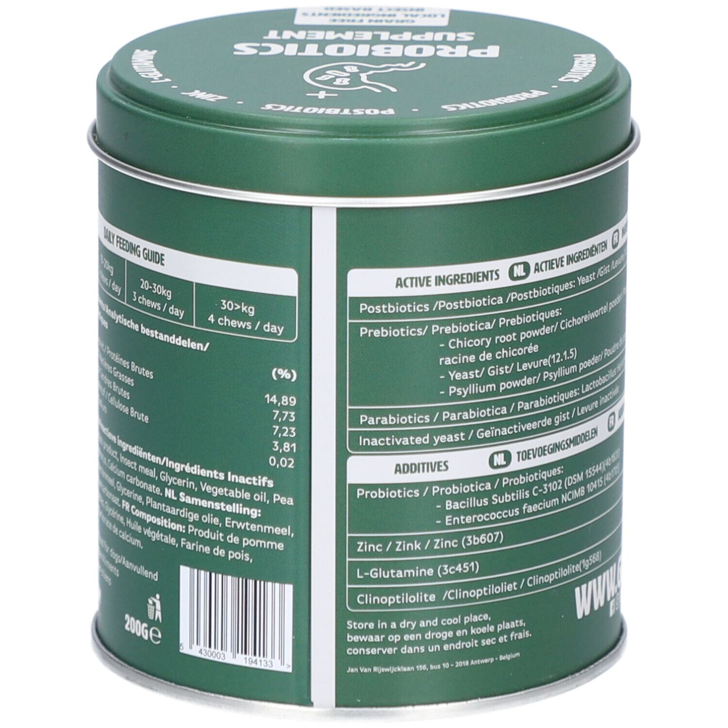 Boîte verte avec ingrédients et guide d'alimentation. Contient 200g. Fabriqué en Belgique.