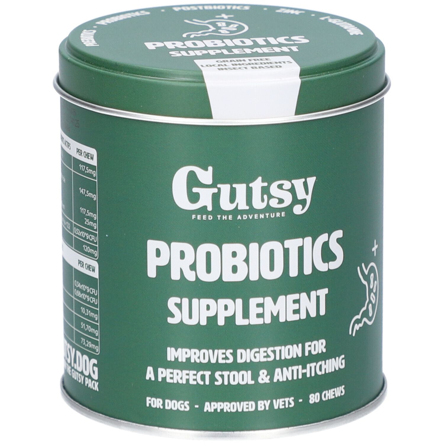 Boîte verte "Gutsy Probiotics Supplement". Contient 80 friandises à mâcher. Améliore la digestion des chiens.