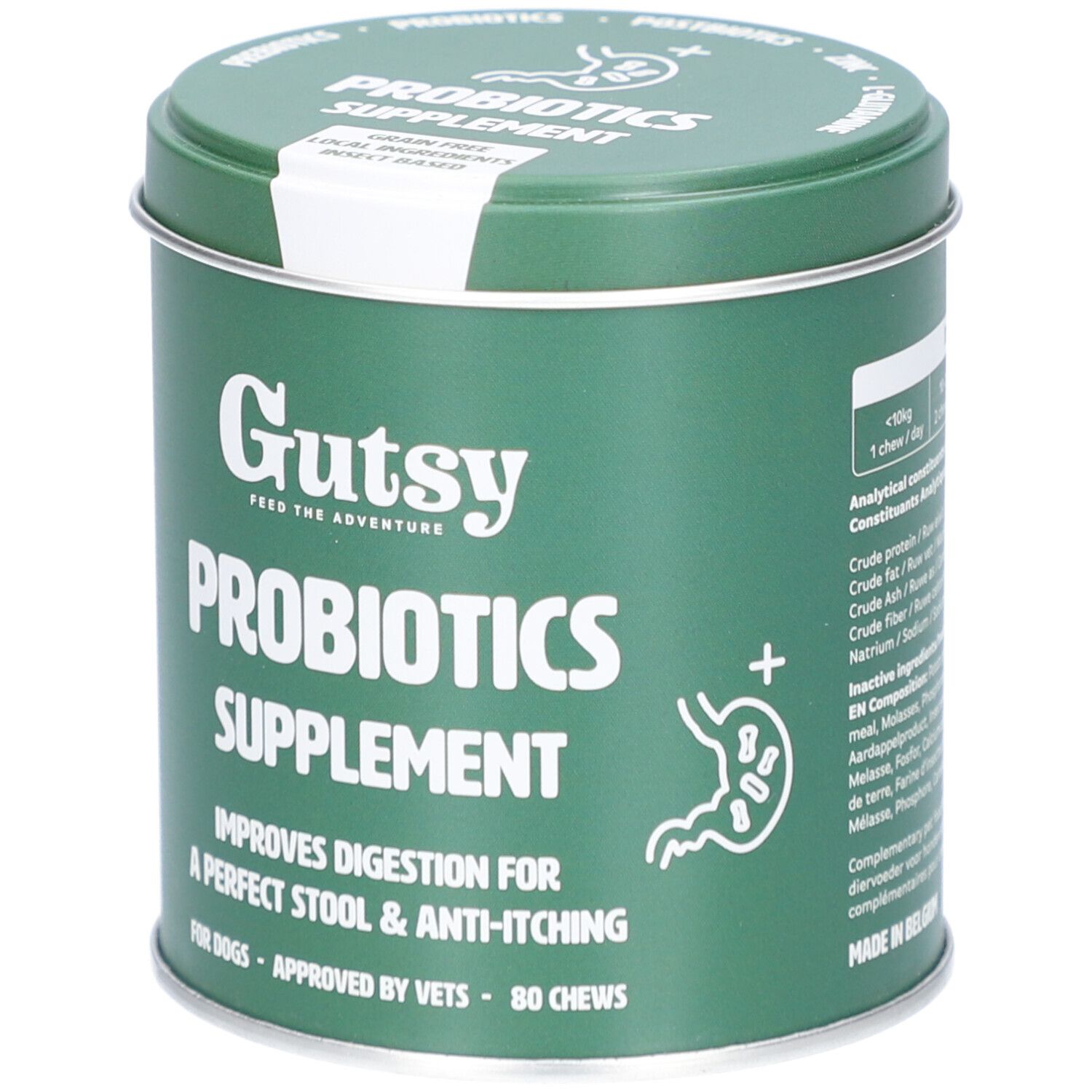 Boîte verte "Gutsy Probiotics Supplement". Contient 80 friandises à mâcher. Améliore la digestion des chiens.