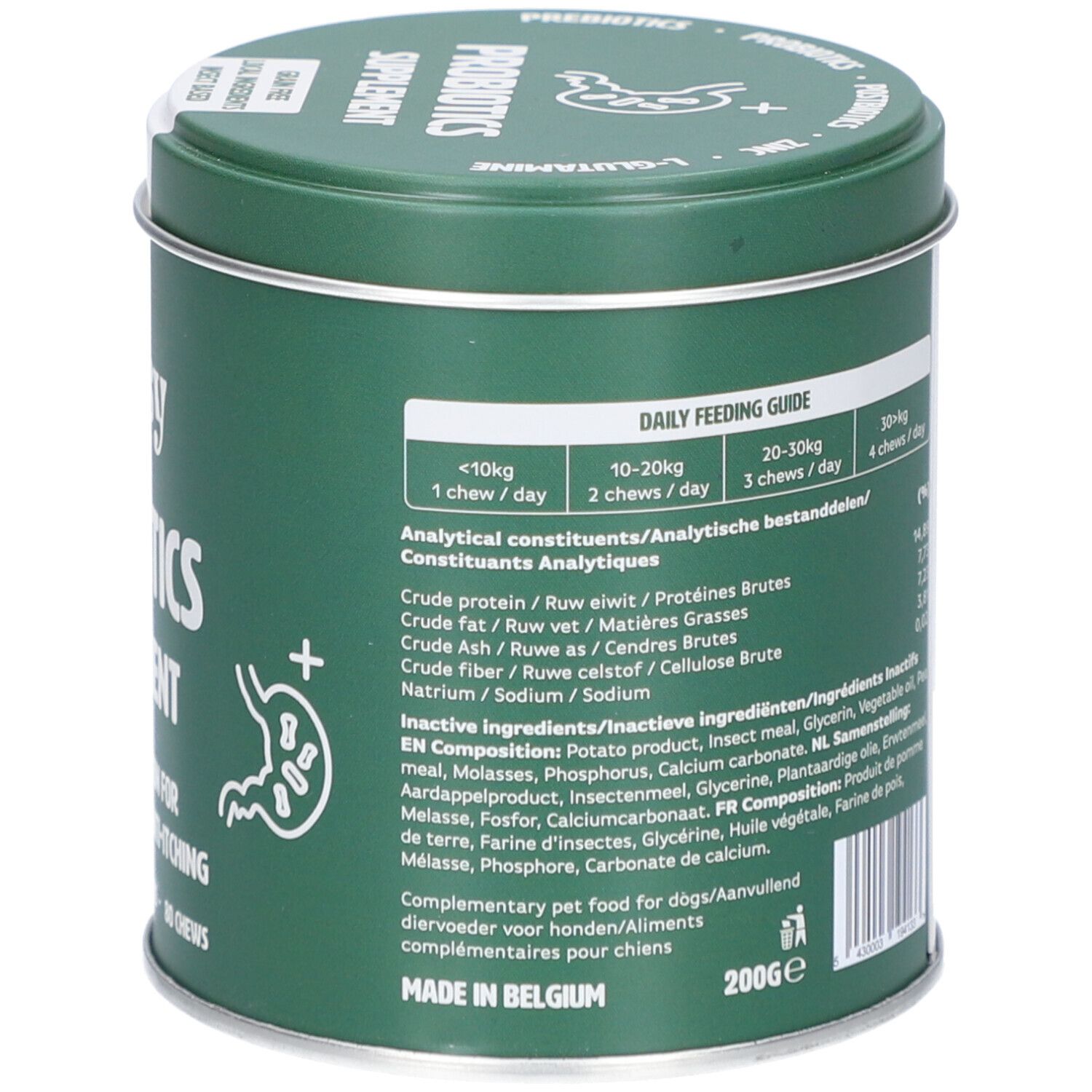 Boîte verte avec ingrédients et guide d'alimentation. Contient 200g. Fabriqué en Belgique.