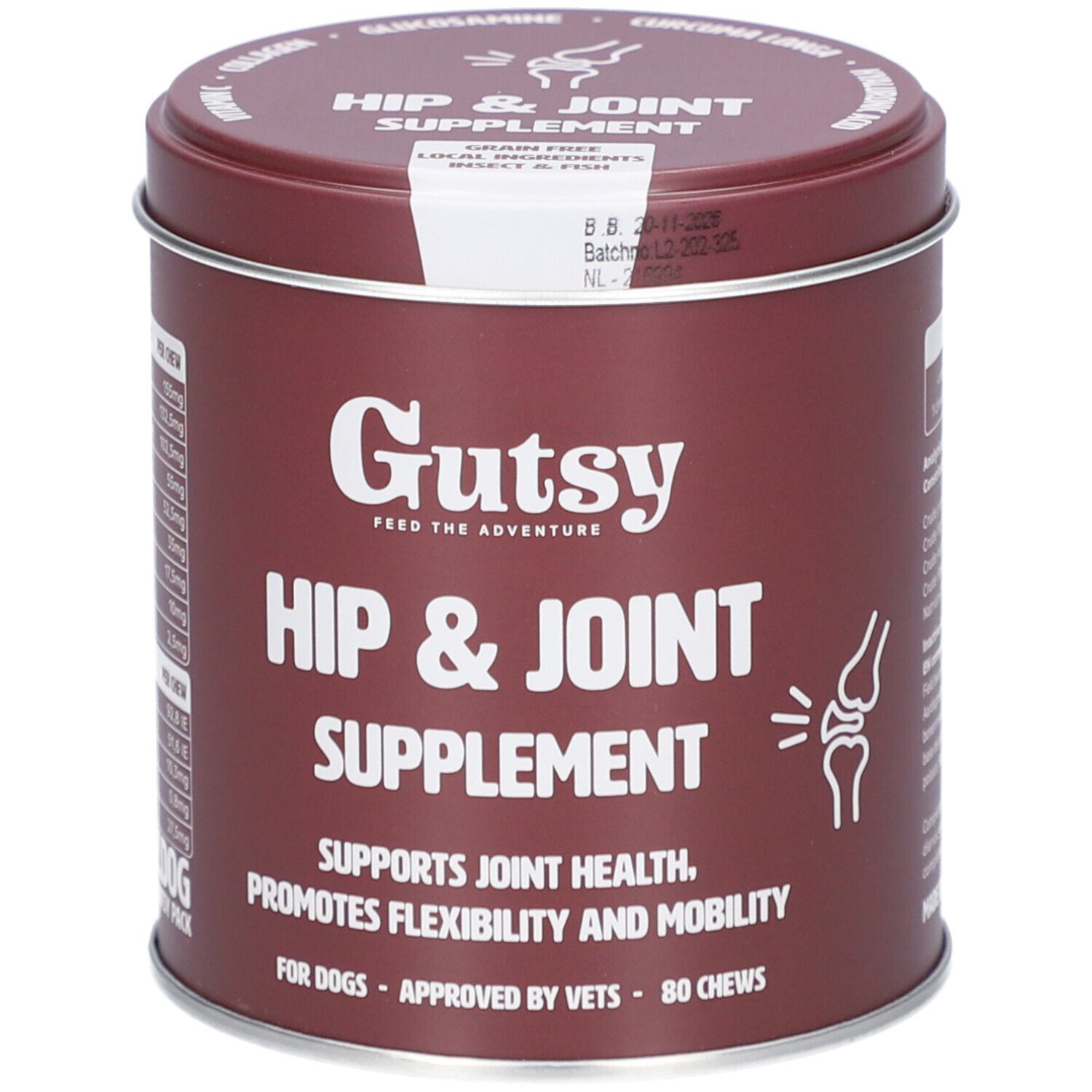 Boîte ronde marron 'Gutsy Hip & Joint Supplement'. Contient 80 friandises à mâcher. Soutient la santé articulaire et la mobilité.