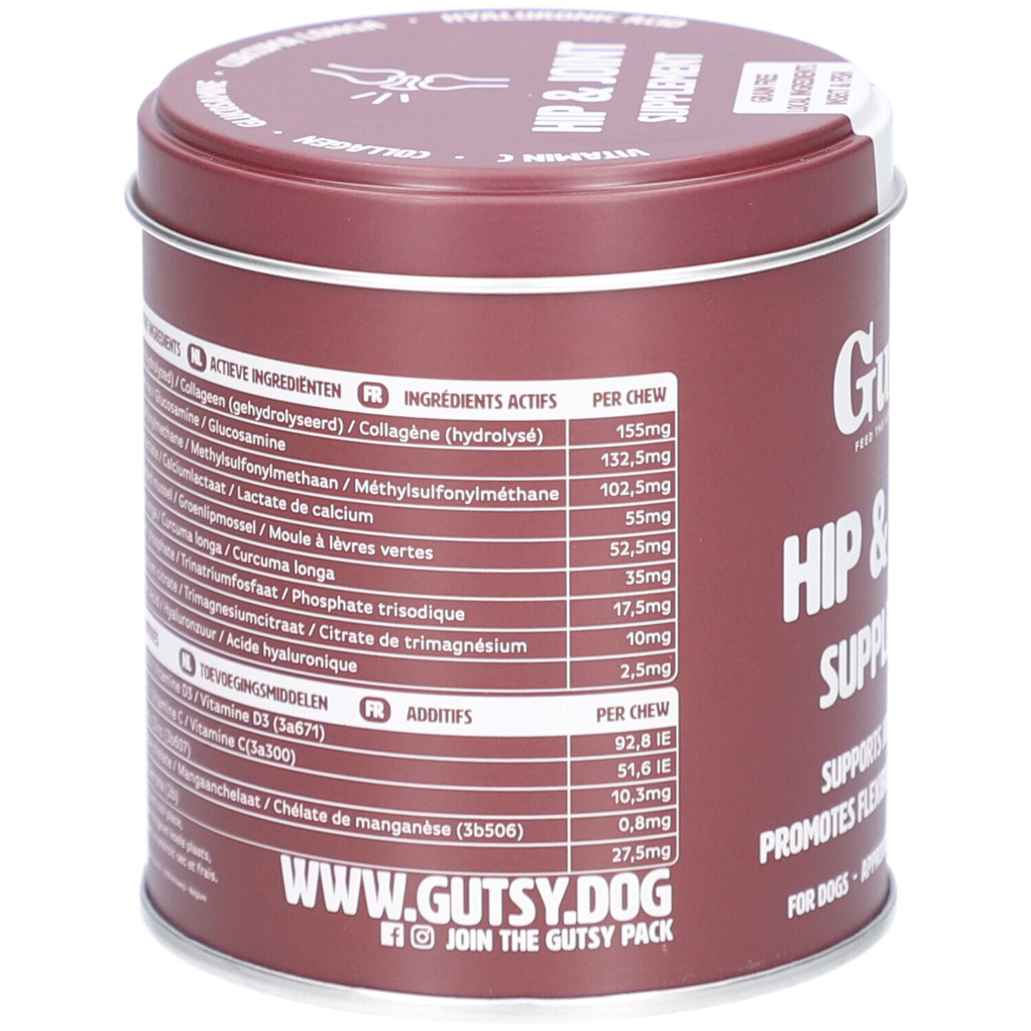 Boîte marron avec ingrédients et informations nutritionnelles. Contient collagène, glucosamine, MSM. Avec adresse web et logo réseaux sociaux.